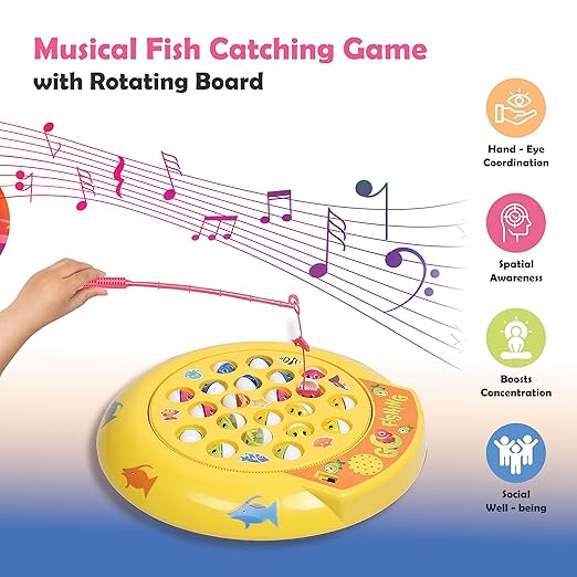 LITTLE SPROUT Musical Fishing Game for Kids | Fun & Educational Fish Catching Toy | Musical Board | STEM Learning & Motor Skills | 21 Fishes & 4 Fishing Rod
